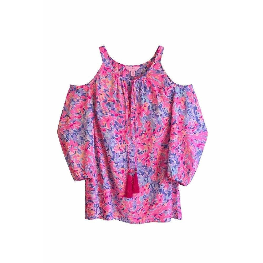 Lilly Pulitzer Donna Mermaid Cove Silk Cold Shoulder Top Small Resort Preppy